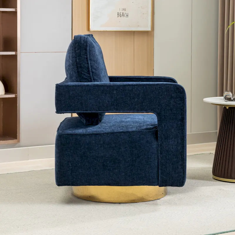 Sillón moderno tapizado giratorio, con respaldo abierto tipo barril y cojín