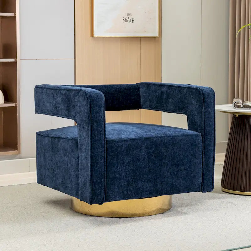 Sillón moderno tapizado giratorio, con respaldo abierto tipo barril y cojín