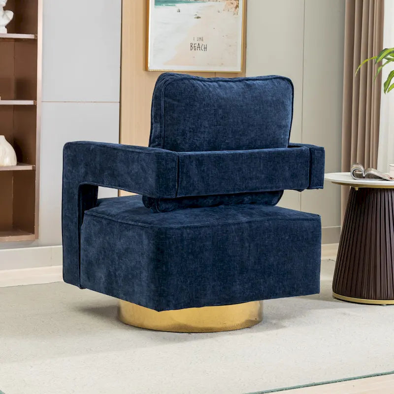 Sillón moderno tapizado giratorio, con respaldo abierto tipo barril y cojín