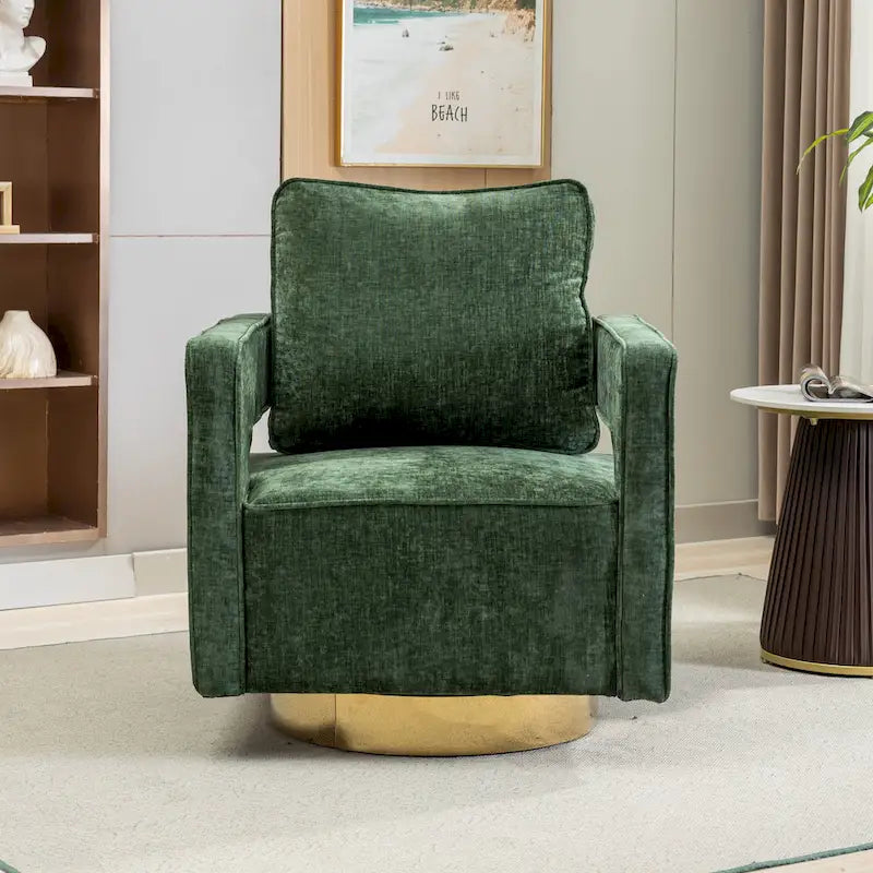 Sillón moderno tapizado giratorio, con respaldo abierto tipo barril y cojín
