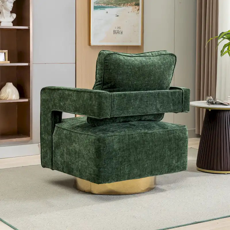 Sillón moderno tapizado giratorio, con respaldo abierto tipo barril y cojín