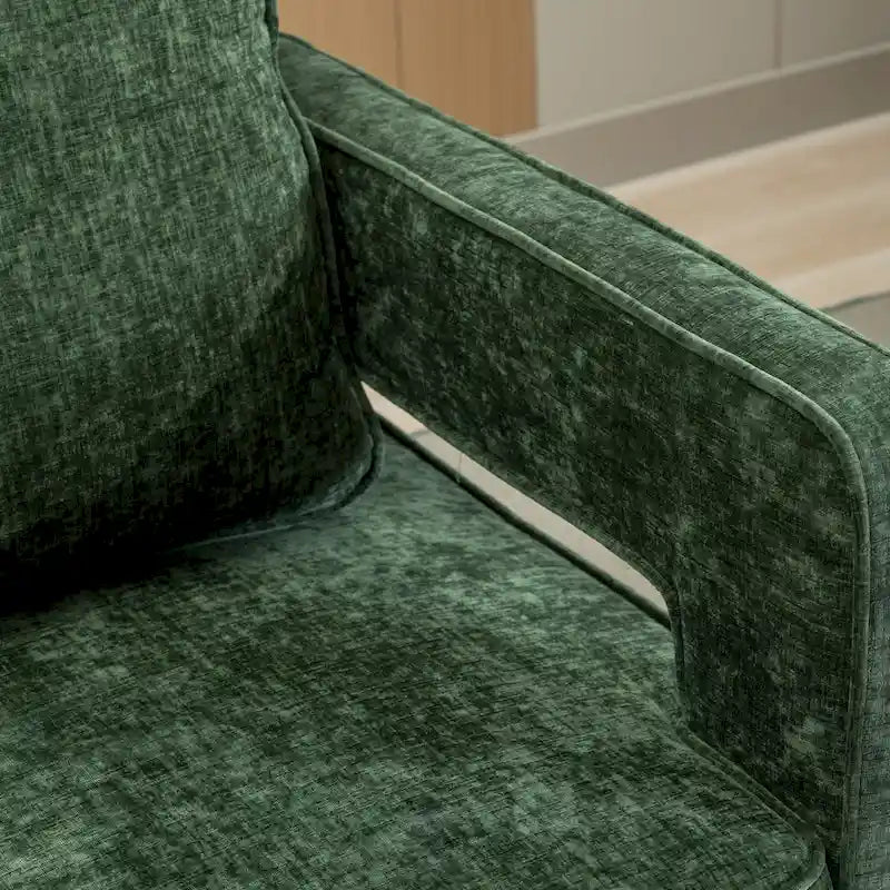 Sillón moderno tapizado giratorio, con respaldo abierto tipo barril y cojín