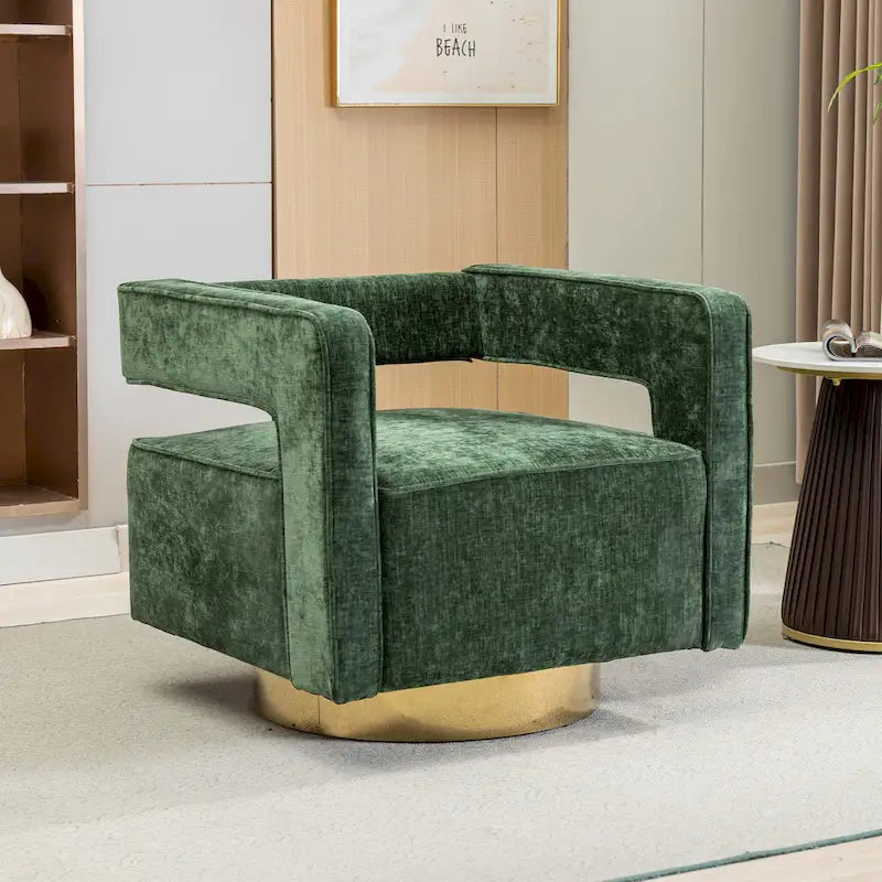 Sillón moderno tapizado giratorio, con respaldo abierto tipo barril y cojín