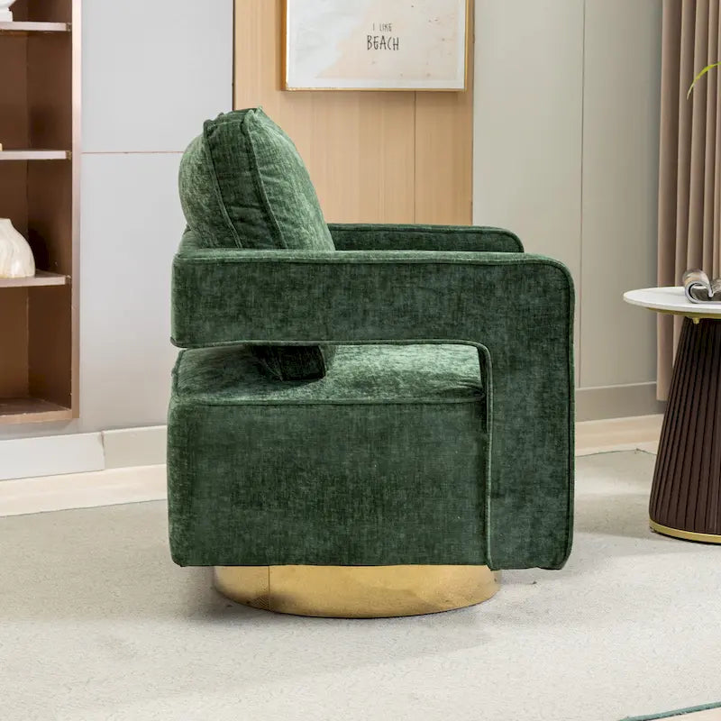 Sillón moderno tapizado giratorio, con respaldo abierto tipo barril y cojín