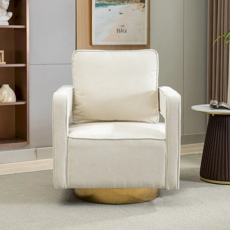 Sillón moderno tapizado giratorio, con respaldo abierto tipo barril y cojín