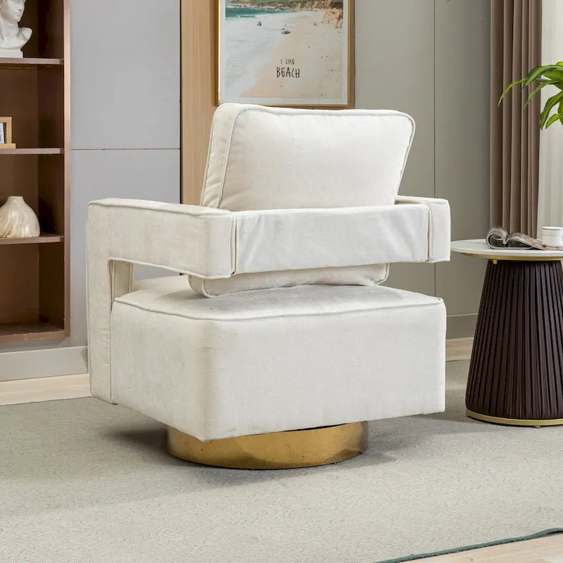 Sillón moderno tapizado giratorio, con respaldo abierto tipo barril y cojín