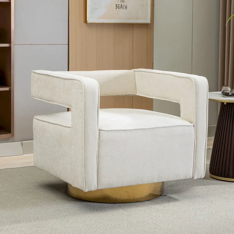 Sillón moderno tapizado giratorio, con respaldo abierto tipo barril y cojín