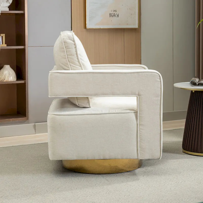 Sillón moderno tapizado giratorio, con respaldo abierto tipo barril y cojín