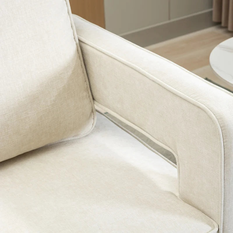 Sillón moderno tapizado giratorio, con respaldo abierto tipo barril y cojín