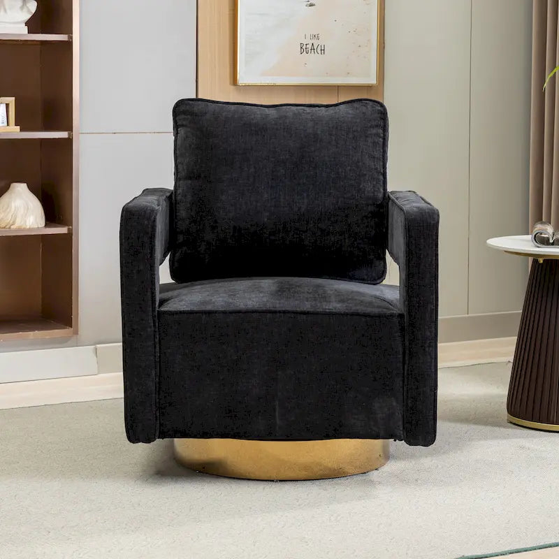 Sillón moderno tapizado giratorio, con respaldo abierto tipo barril y cojín
