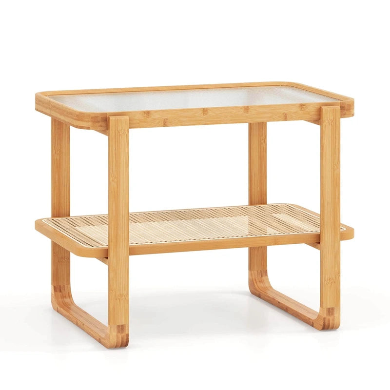 Tavolino laterale in bambù con ripiano in rattan e piano in vetro, comodino e tavolino