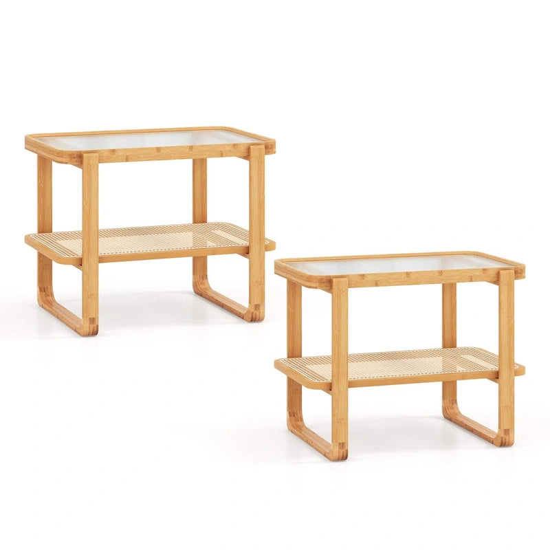Tavolino laterale in bambù con ripiano in rattan e piano in vetro, comodino e tavolino