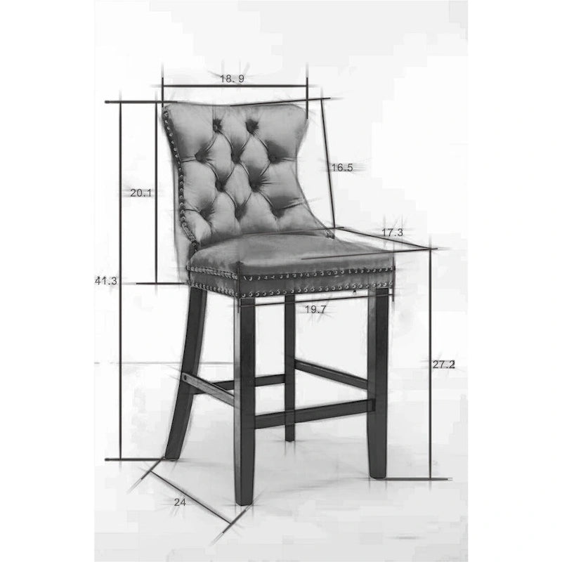 Sgabelli da bar contemporanei imbottiti in velluto con decorazione capitonné a bottoni, gambe in legno e bordino con borchie cromate, set da 2