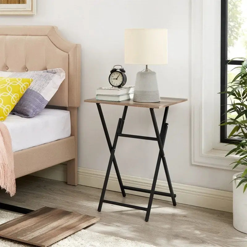 Mesa auxiliar plegable para TV de 2 piezas, sin montaje, portátil, para colocar junto al sofá, mesa para aperitivos para espacios pequeños, marrón rústico y negro