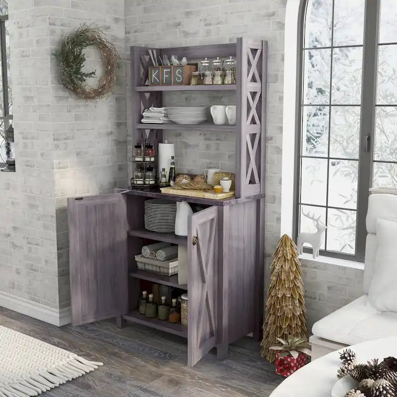 Gabinete rústico de madera para microondas con varios estantes