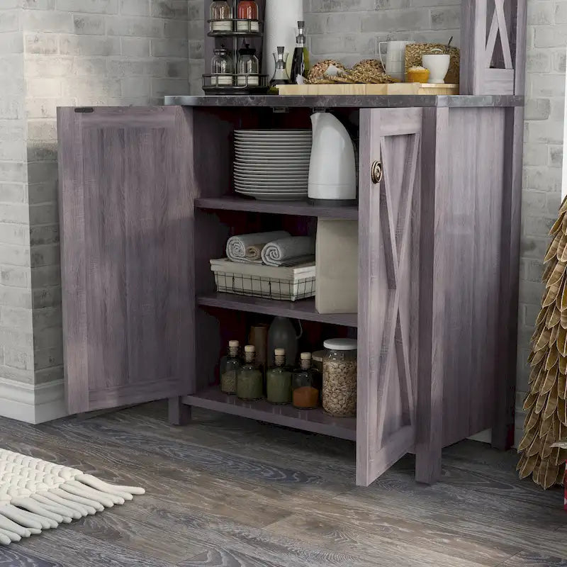 Gabinete rústico de madera para microondas con varios estantes