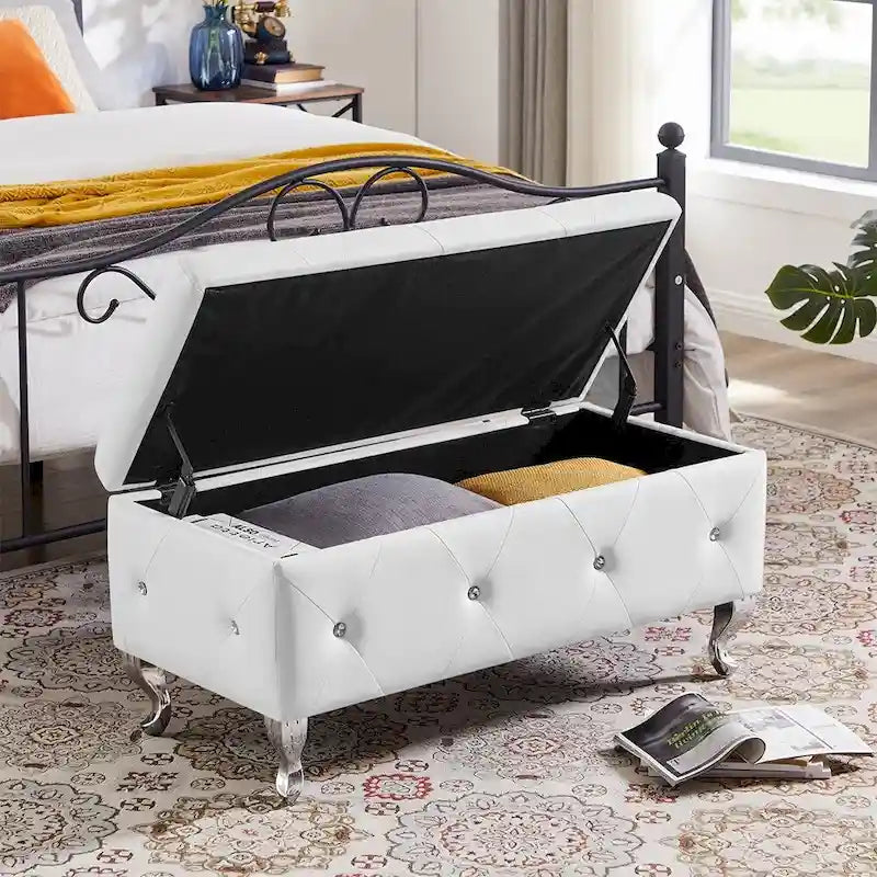 Panca ottomana contenitore di lusso, pouf con rivestimento in PU e piano ribaltabile