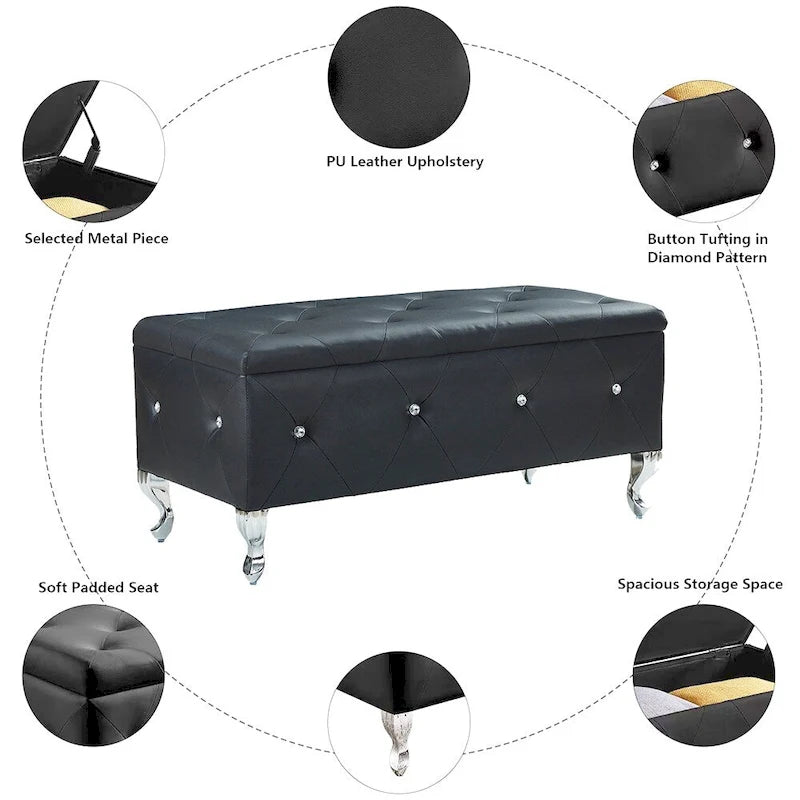 Panca ottomana contenitore di lusso, pouf con rivestimento in PU e piano ribaltabile