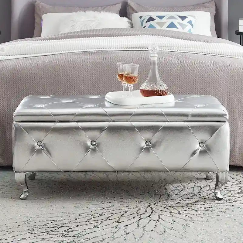 Panca ottomana contenitore di lusso, pouf con rivestimento in PU e piano ribaltabile