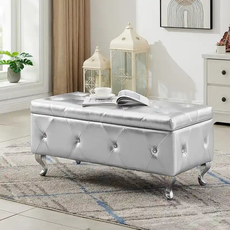 Panca ottomana contenitore di lusso, pouf con rivestimento in PU e piano ribaltabile