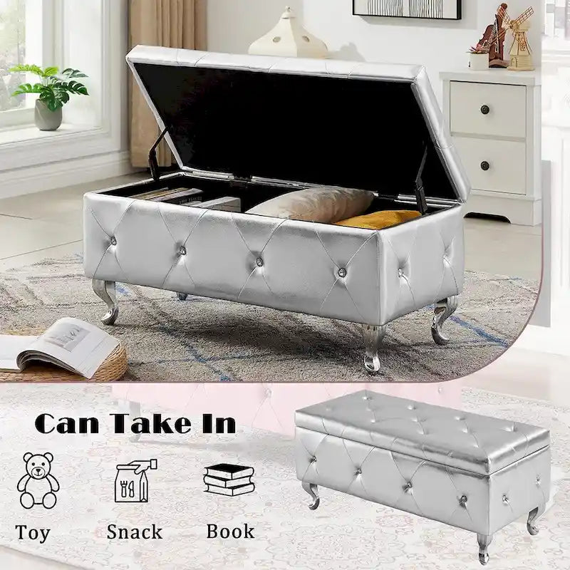 Panca ottomana contenitore di lusso, pouf con rivestimento in PU e piano ribaltabile