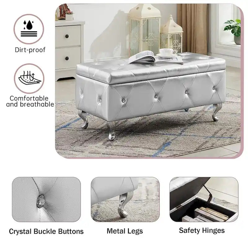 Panca ottomana contenitore di lusso, pouf con rivestimento in PU e piano ribaltabile