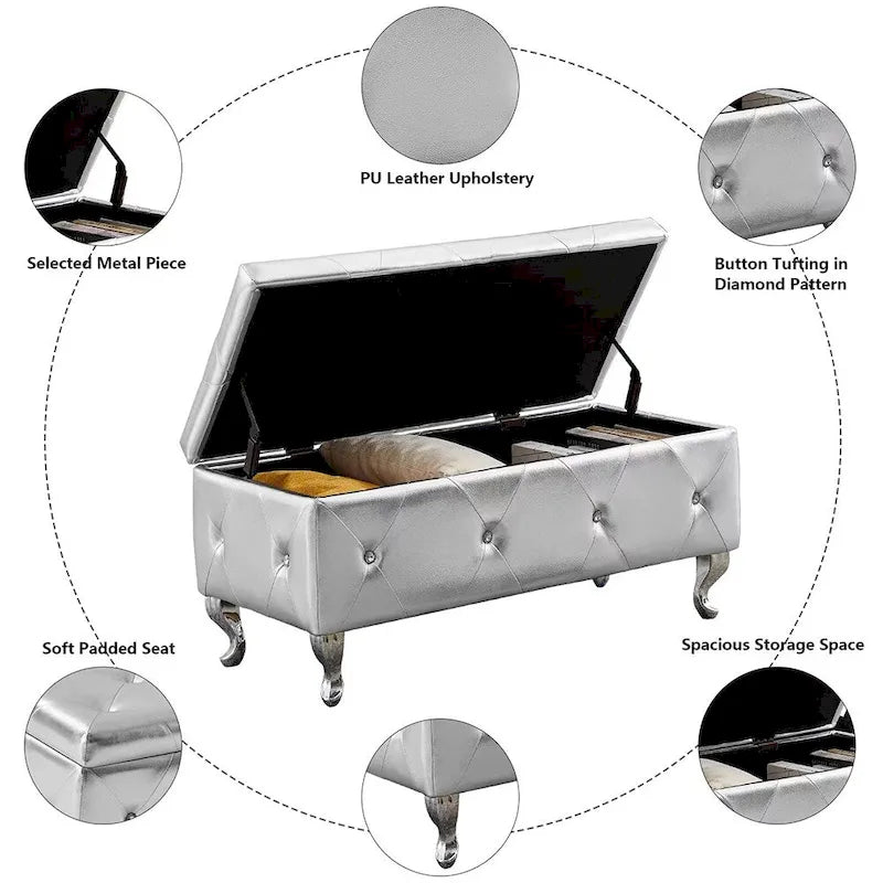 Panca ottomana contenitore di lusso, pouf con rivestimento in PU e piano ribaltabile