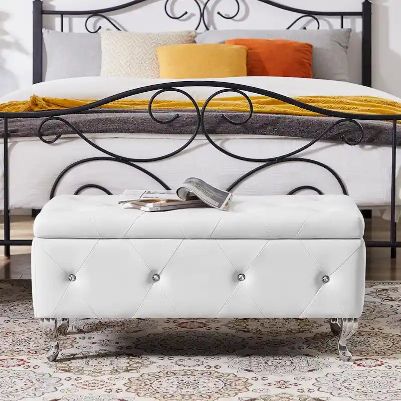 Panca ottomana contenitore di lusso, pouf con rivestimento in PU e piano ribaltabile