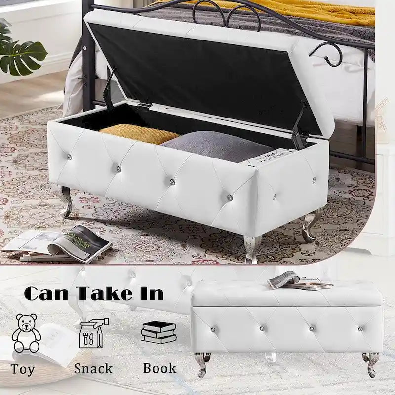 Panca ottomana contenitore di lusso, pouf con rivestimento in PU e piano ribaltabile