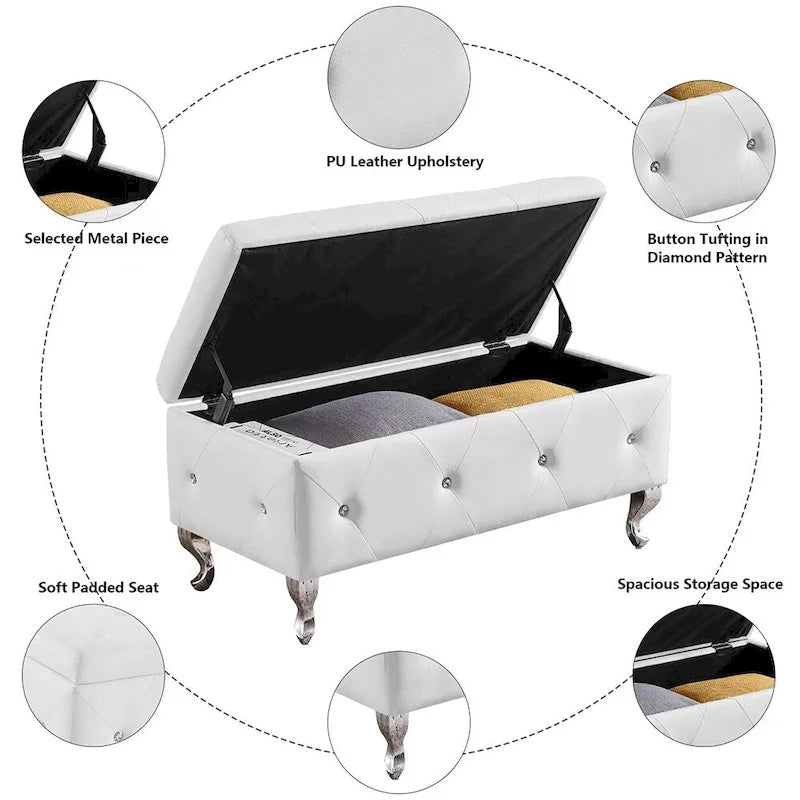 Panca ottomana contenitore di lusso, pouf con rivestimento in PU e piano ribaltabile
