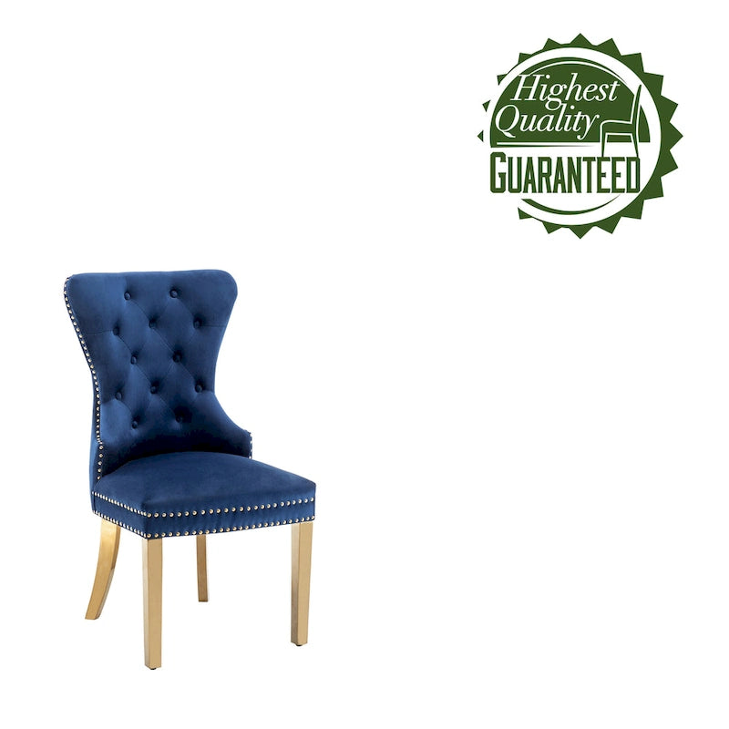 Sedie da pranzo in velluto trapuntato con gambe cromate dorate, set di 2