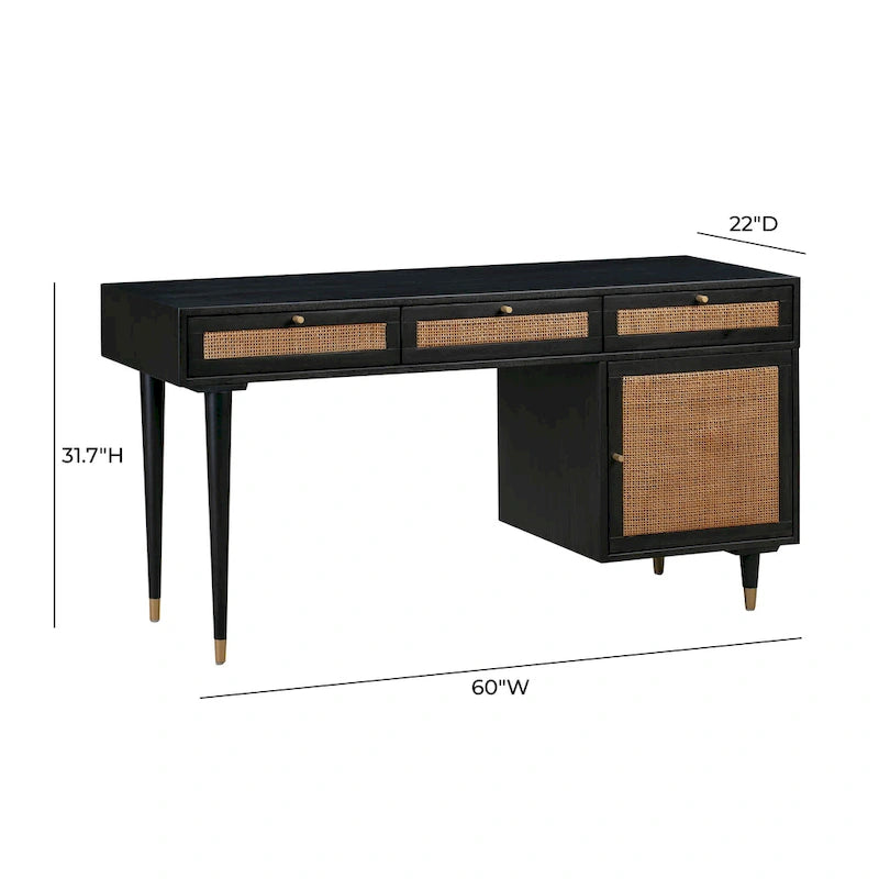 Scrivania in legno e canna con 3 cassetti