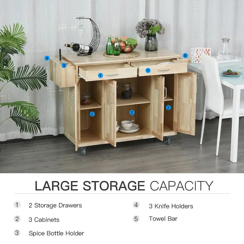Isla de cocina móvil de madera con ruedas, carrito auxiliar de almacenamiento con cajones, armarios con puertas y toallero para el comedor