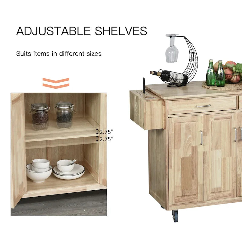 Isla de cocina móvil de madera con ruedas, carrito auxiliar de almacenamiento con cajones, armarios con puertas y toallero para el comedor