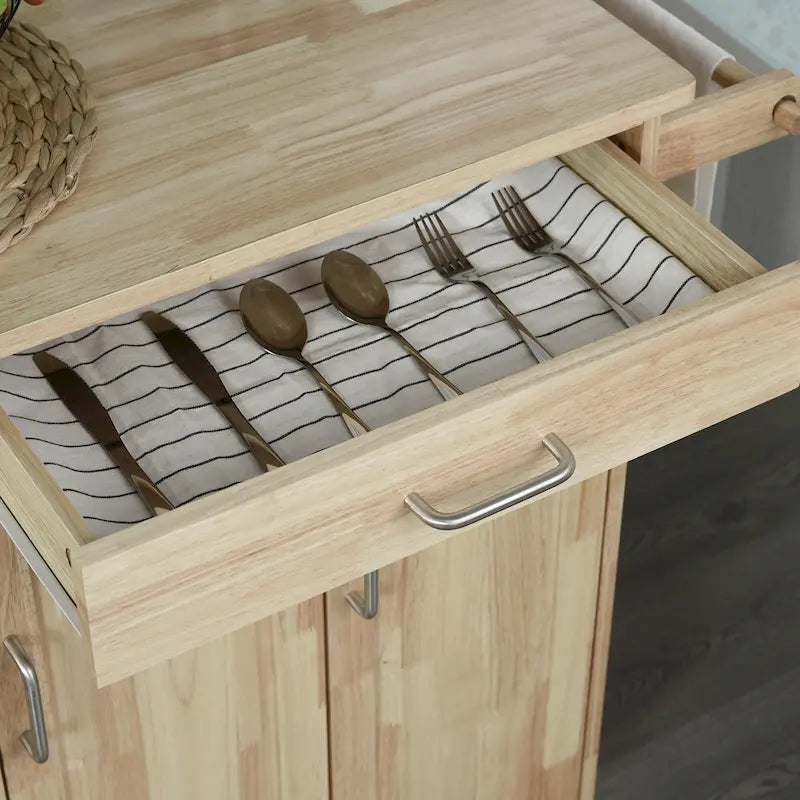 Isla de cocina móvil de madera con ruedas, carrito auxiliar de almacenamiento con cajones, armarios con puertas y toallero para el comedor