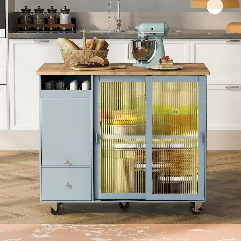 Isola da cucina con piano ribaltabile, luce LED, ante in vetro scanalato, ripiano regolabile, due cassetti e ruote