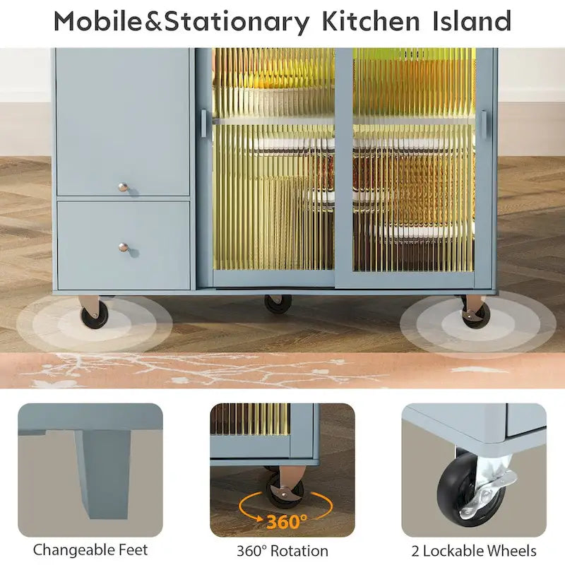 Isla de cocina con superficie abatible, luz LED, puertas de vidrio estriado, estante ajustable, dos cajones y ruedas