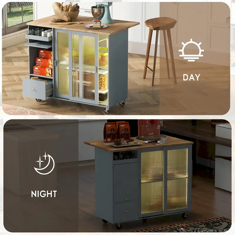 Isla de cocina con superficie abatible, luz LED, puertas de vidrio estriado, estante ajustable, dos cajones y ruedas