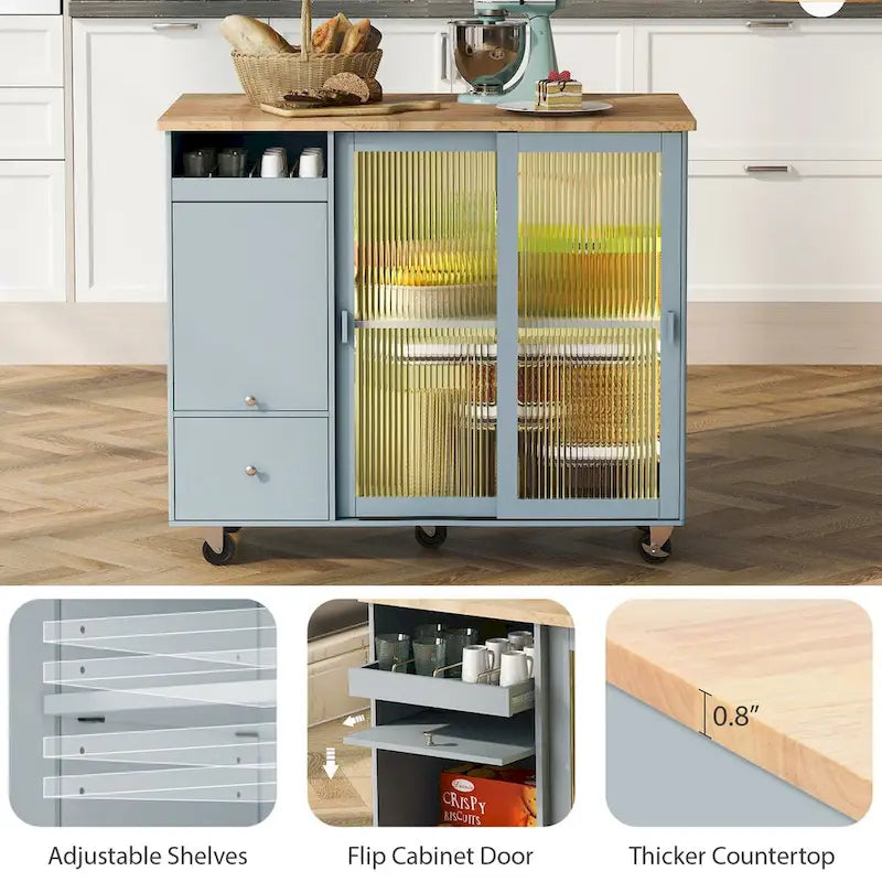Isla de cocina con superficie abatible, luz LED, puertas de vidrio estriado, estante ajustable, dos cajones y ruedas