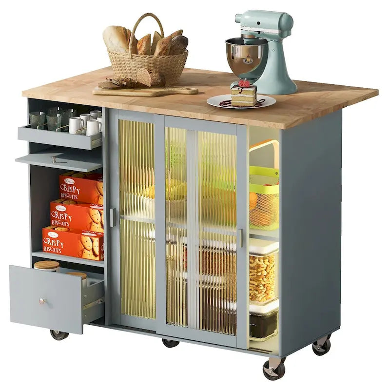 Isla de cocina con superficie abatible, luz LED, puertas de vidrio estriado, estante ajustable, dos cajones y ruedas