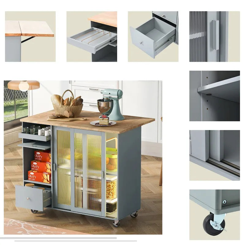 Isla de cocina con superficie abatible, luz LED, puertas de vidrio estriado, estante ajustable, dos cajones y ruedas