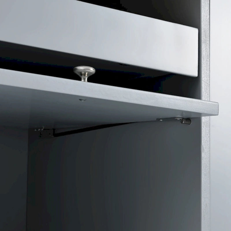 Isla de cocina con superficie abatible, luz LED, puertas de vidrio estriado, estante ajustable, dos cajones y ruedas