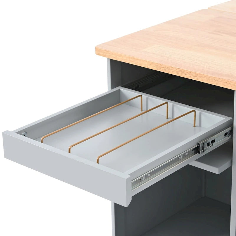 Isla de cocina con superficie abatible, luz LED, puertas de vidrio estriado, estante ajustable, dos cajones y ruedas