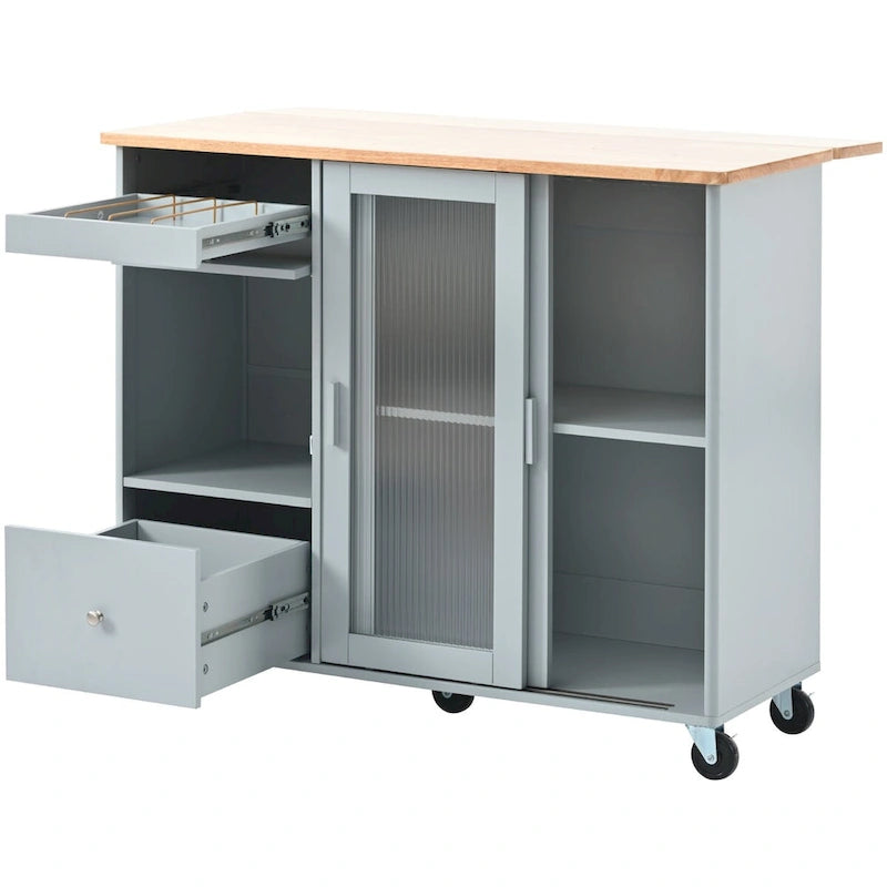 Isla de cocina con superficie abatible, luz LED, puertas de vidrio estriado, estante ajustable, dos cajones y ruedas
