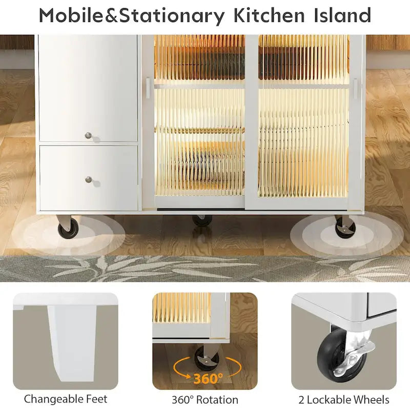 Isla de cocina con superficie abatible, luz LED, puertas de vidrio estriado, estante ajustable, dos cajones y ruedas