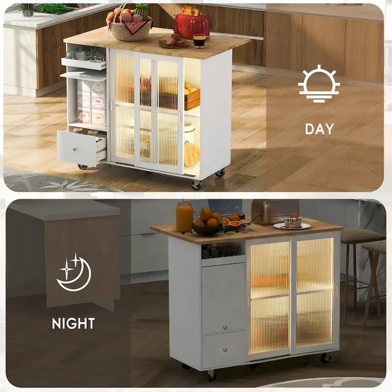 Isla de cocina con superficie abatible, luz LED, puertas de vidrio estriado, estante ajustable, dos cajones y ruedas