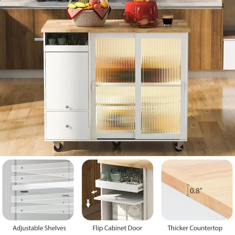 Isla de cocina con superficie abatible, luz LED, puertas de vidrio estriado, estante ajustable, dos cajones y ruedas