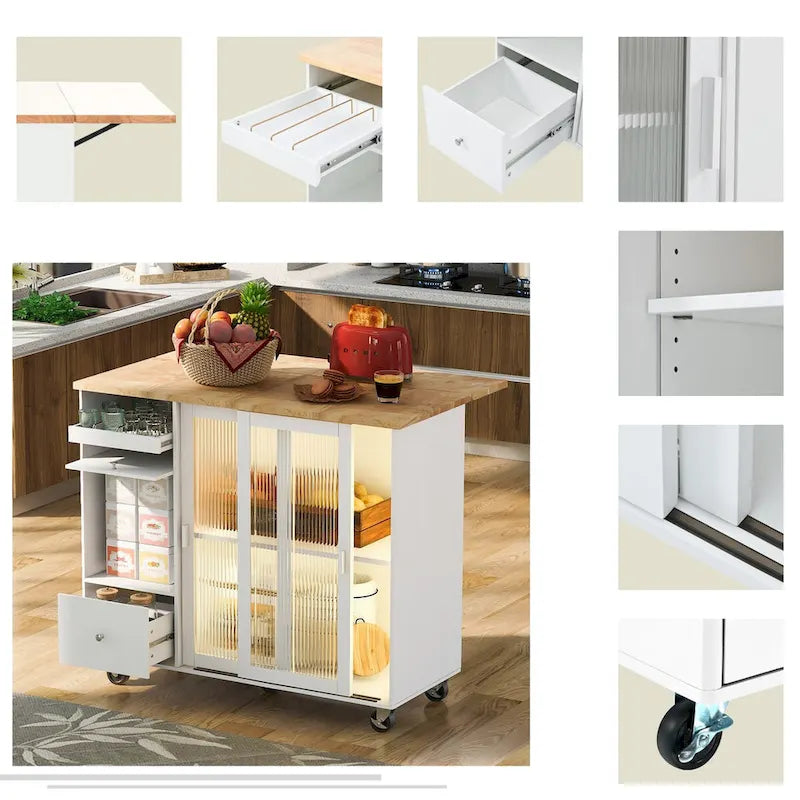 Isla de cocina con superficie abatible, luz LED, puertas de vidrio estriado, estante ajustable, dos cajones y ruedas