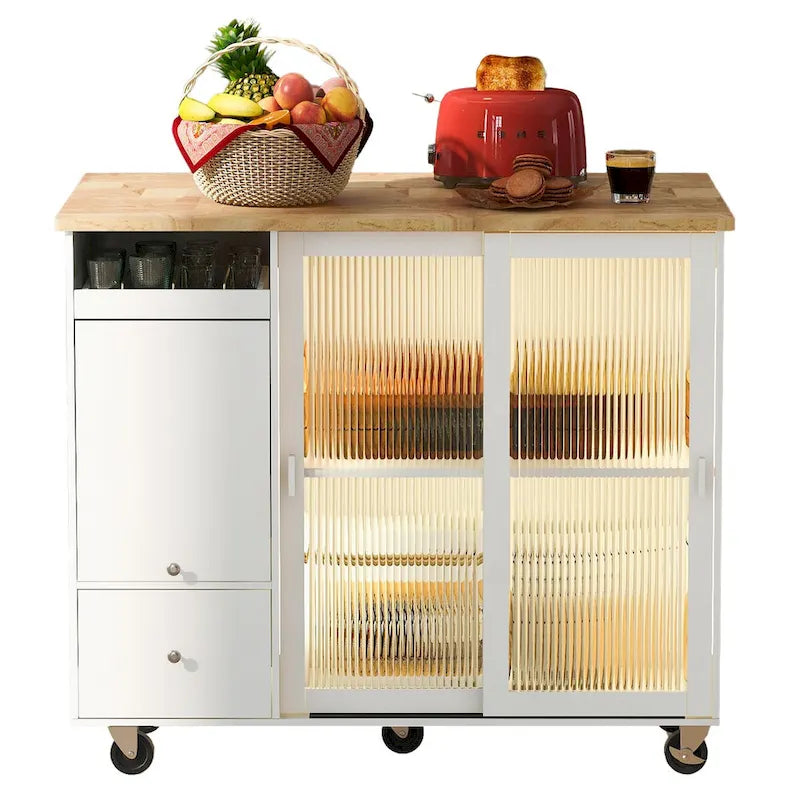 Isla de cocina con superficie abatible, luz LED, puertas de vidrio estriado, estante ajustable, dos cajones y ruedas