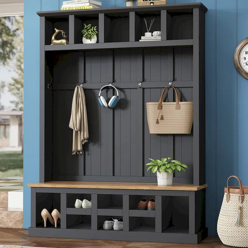 Hall Tree Hallway Storage Bench with Shoe Cubbies and Coat Rack with Hooks